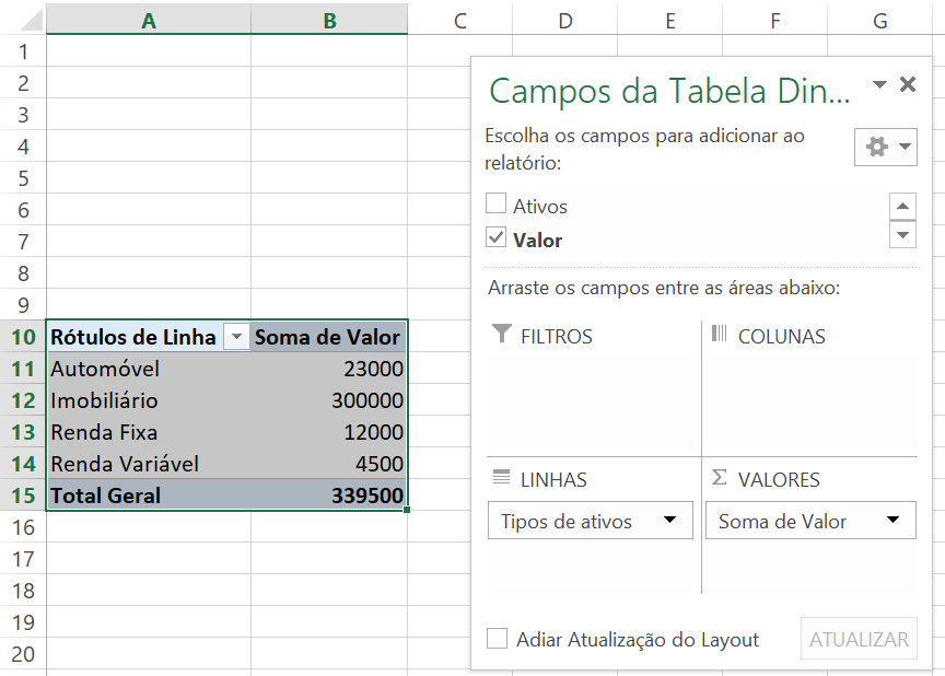 instruções de como fazer uma carteira diversificada no Excel usando tabela dinâmica