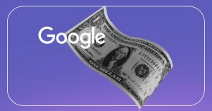 Ações Google representadas por uma nota de dólar em preto e branco com o nome "Google" por cima, sobre fundo roxo